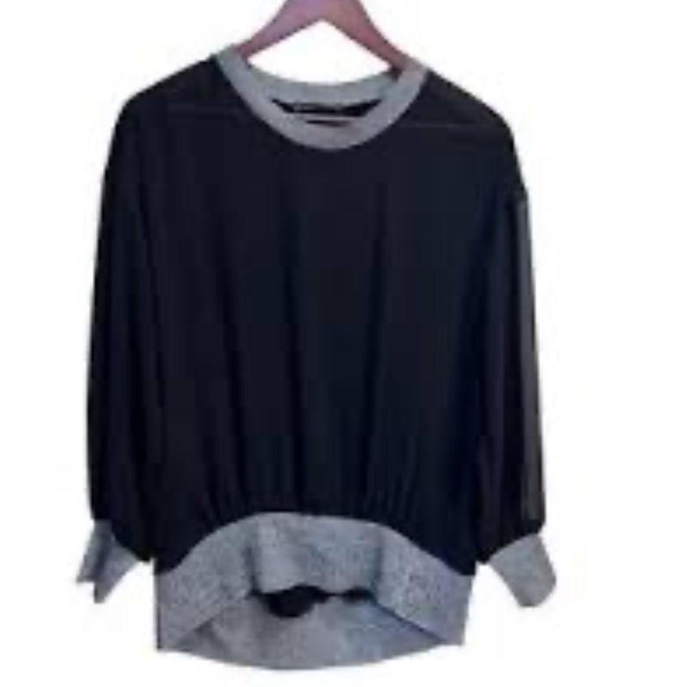 Zara Black and Gray Sheer Front & Sleeves Women's Top Size Small